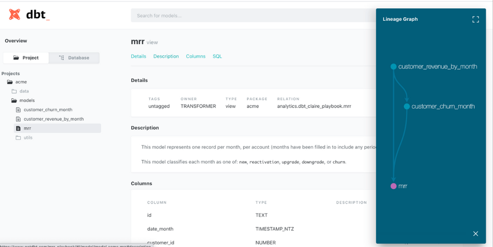 dbt Cloud’s built-in documentation interface showing model documentation output