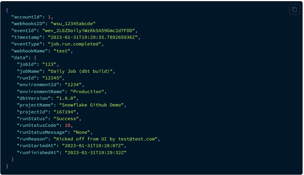 A snippet of dbt command line code used for local data transformation workflows