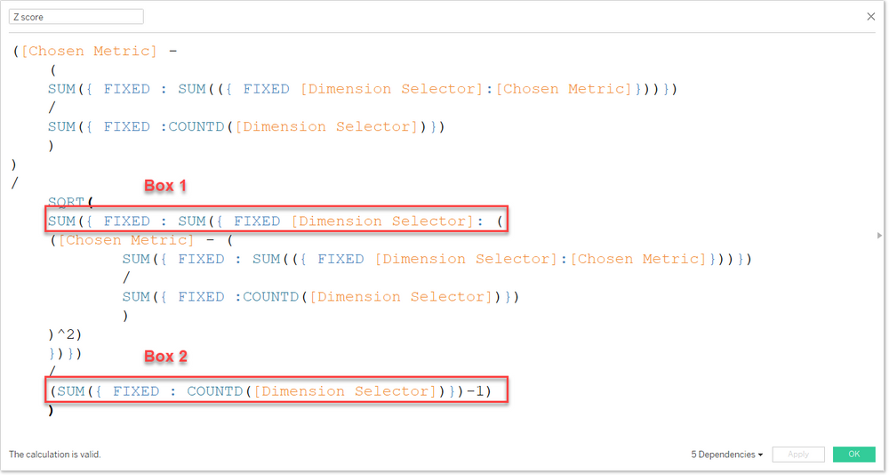 Code block showing how to use standard deviation in tableau