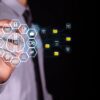 executive interacts with artificial intelligence hologram to generate security and business strategies