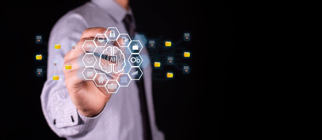 executive interacts with artificial intelligence hologram to generate security and business strategies