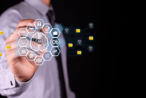 executive interacts with artificial intelligence hologram to generate security and business strategies