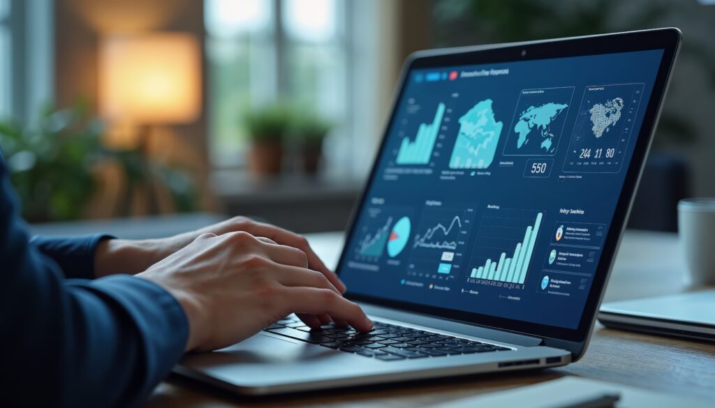 A person typing on laptop screen showing data visualization.