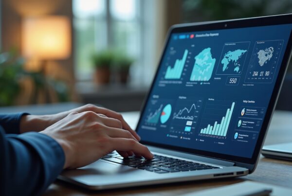 A person typing on laptop screen showing data visualization.